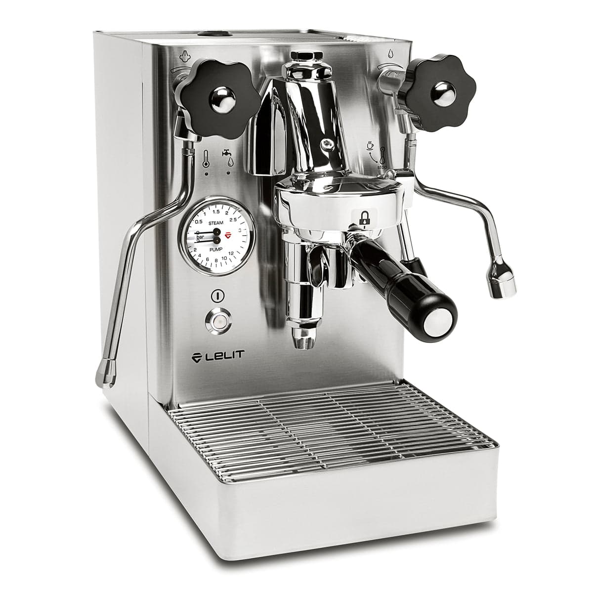 Lelit Mara X espresso machine in stainless steel, viewed from the front-left angle