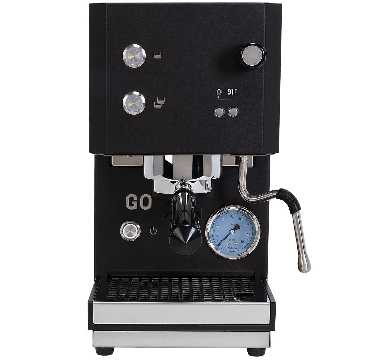 Current black Profitec GO espresso machine on a white background